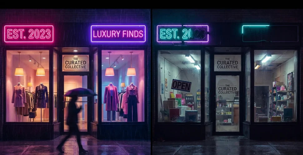 2 window shopper one new with neons. one ruined in a dark street at night